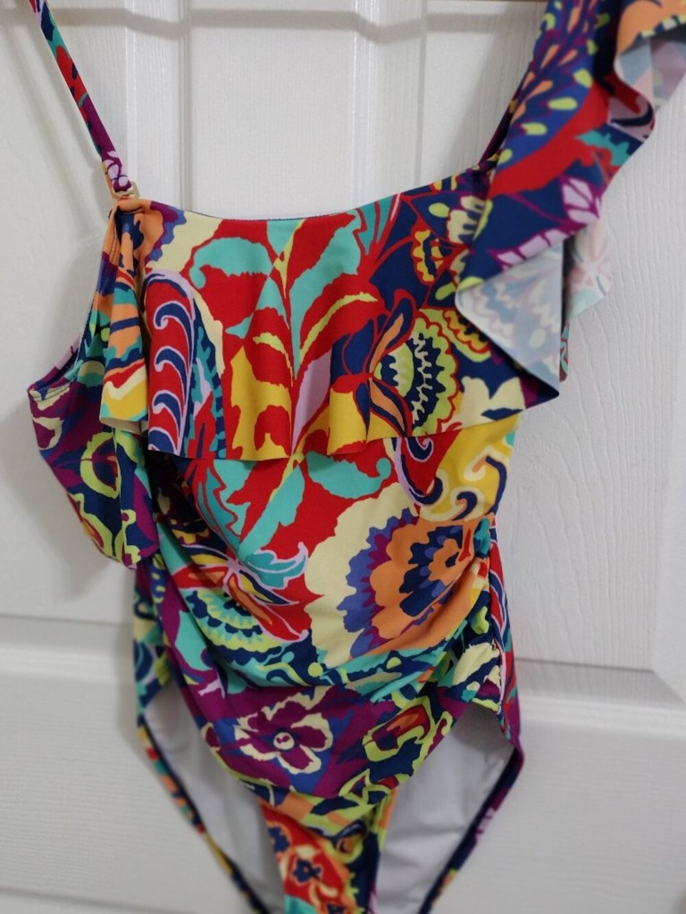 Tahari One Shoulder Ruffle Swimsuit Multicolor Print Size Small - Picture 3 of 7